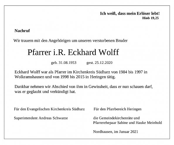 Traueranzeige für Pfarrer Eckhard Wolff  (Foto: KKS)