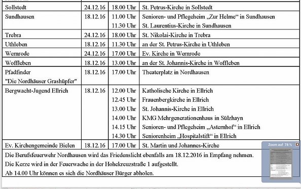 Friedenslicht-Tabelle ab Sollstedt alphabetisch (Foto: Serviceportal Nordhausen)